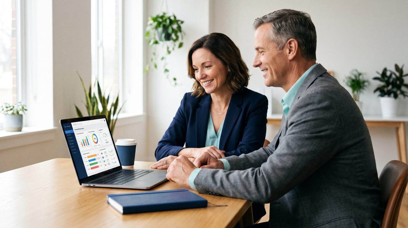 Business owner reviewing the month's financial dashboard with their advisor